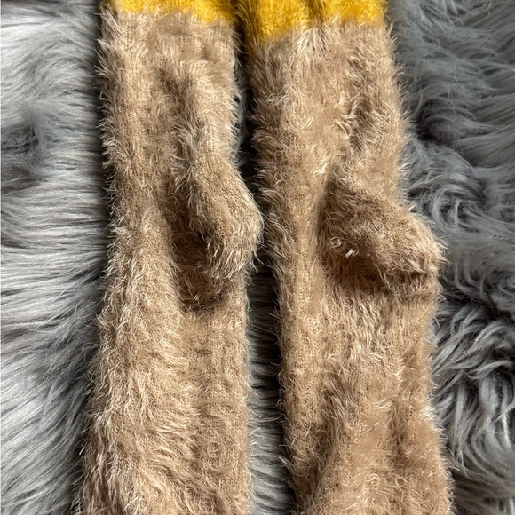 Free People Over The Knee Fuzzy Two Tone Knit Socks Tan Yellow Furry - Picture 7 of 7